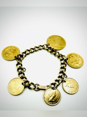 Vintage Queen Elizabeth II British Royal Family King George Coin Charm Bracele